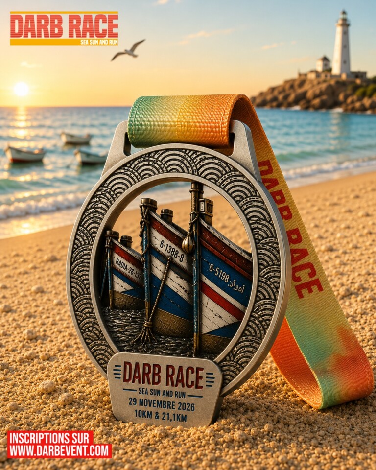 Médaille Darb Race 2026 sur le sable, barques de pêche et phare au loin